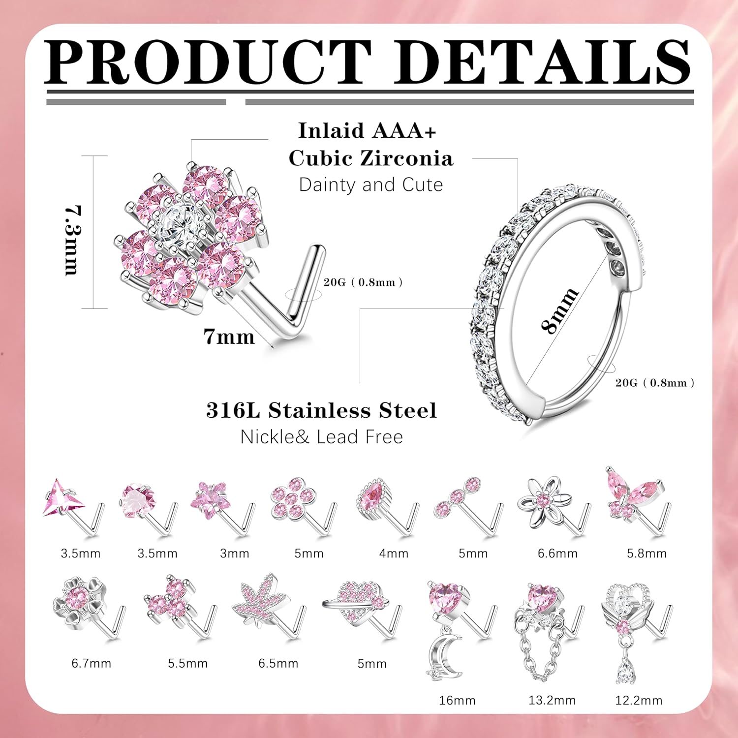 Drperfect Nose Rings L Shaped Nose Studs Ring Hypoallergenic Stainless Steel Nose Ring - Dangle CZ Butterfly Flower Nose Studs Hoops Piercings Jewelry Gift for Women Men 20G Pink/Blue/Clear - QIAO CrystalQIAO CrystalQIAO Crystal