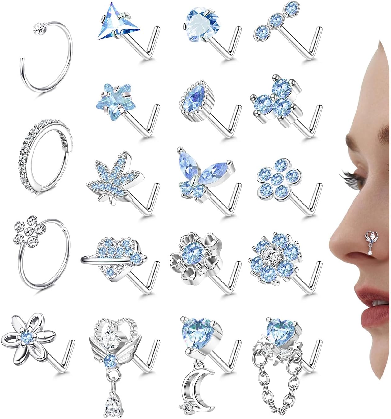Drperfect Nose Rings L Shaped Nose Studs Ring Hypoallergenic Stainless Steel Nose Ring - Dangle CZ Butterfly Flower Nose Studs Hoops Piercings Jewelry Gift for Women Men 20G Pink/Blue/Clear - QIAO CrystalQIAO CrystalQIAO Crystal