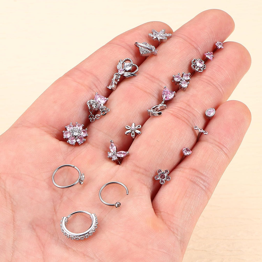 Drperfect Nose Rings L Shaped Nose Studs Ring Hypoallergenic Stainless Steel Nose Ring - Dangle CZ Butterfly Flower Nose Studs Hoops Piercings Jewelry Gift for Women Men 20G Pink/Blue/Clear - QIAO CrystalQIAO CrystalQIAO Crystal