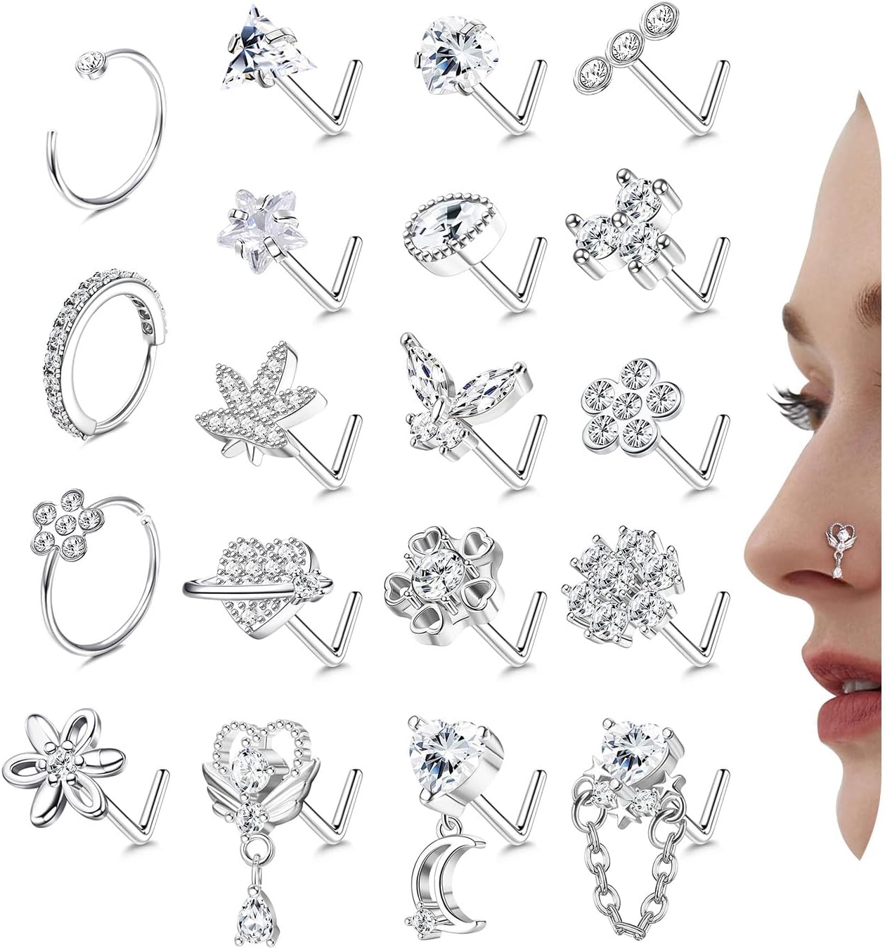 Drperfect Nose Rings L Shaped Nose Studs Ring Hypoallergenic Stainless Steel Nose Ring - Dangle CZ Butterfly Flower Nose Studs Hoops Piercings Jewelry Gift for Women Men 20G Pink/Blue/Clear - QIAO CrystalQIAO CrystalQIAO Crystal