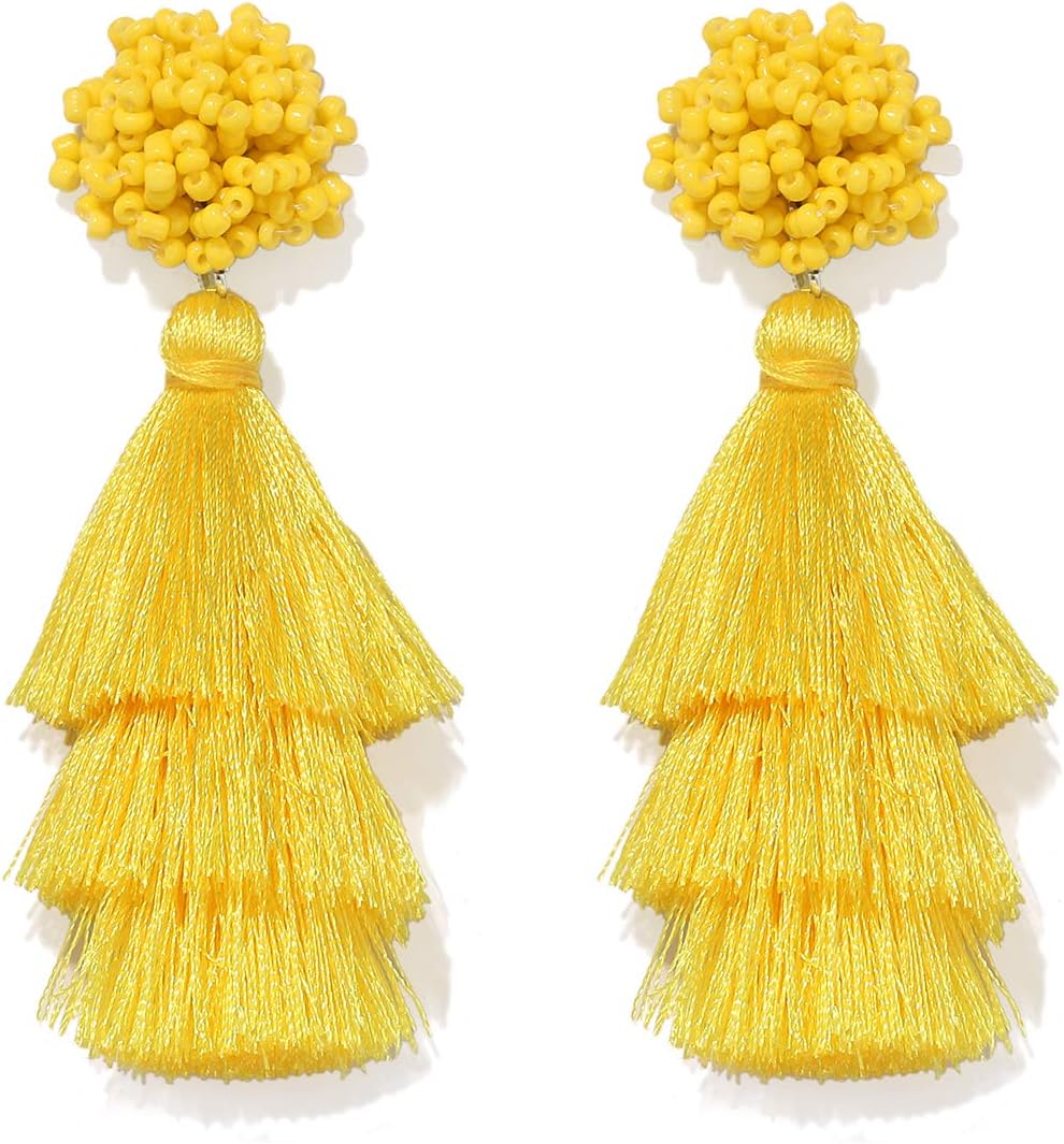 Earring Bohemian Lightweight Colorful Tiered Thread long Fringe Tassel Drop Dangle Beaded Statement Stud Earring Women Gifts - QIAO Crystal我的商店QIAO Crystal