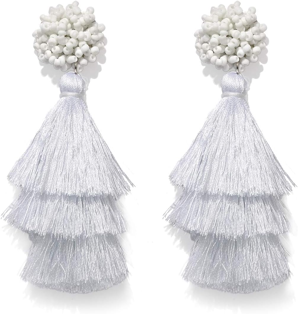 Earring Bohemian Lightweight Colorful Tiered Thread long Fringe Tassel Drop Dangle Beaded Statement Stud Earring Women Gifts - QIAO Crystal我的商店QIAO Crystal