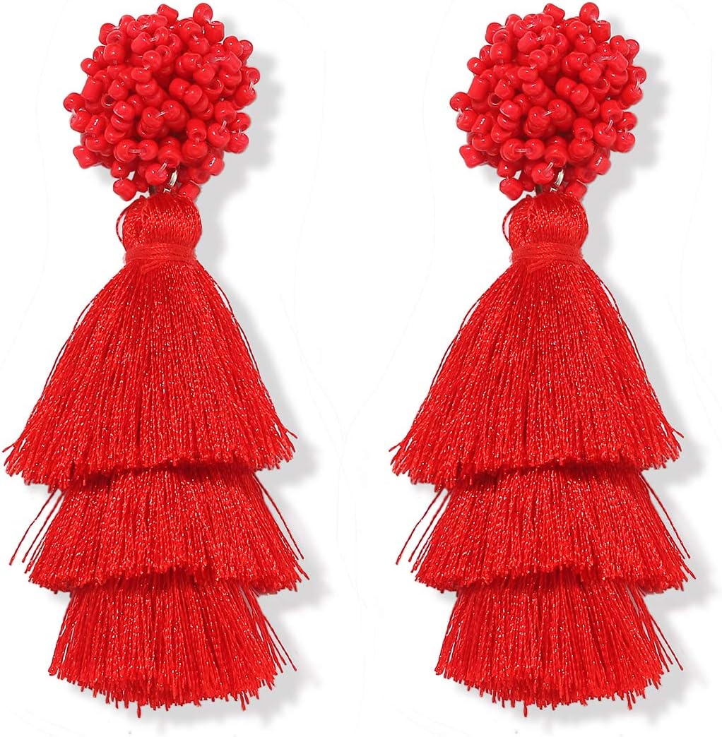 Earring Bohemian Lightweight Colorful Tiered Thread long Fringe Tassel Drop Dangle Beaded Statement Stud Earring Women Gifts - QIAO Crystal我的商店QIAO Crystal