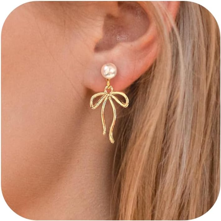 Earrings for Women Girls, 18K Gold Plated Bow Stud Earrings Dangle Drop Earrings Gold Earrings for Women Girls Trendy Aretes de Mujer Gold Jewelry Chritsmas Gifts for Her Teens - 我的商店我的商店我的商店
