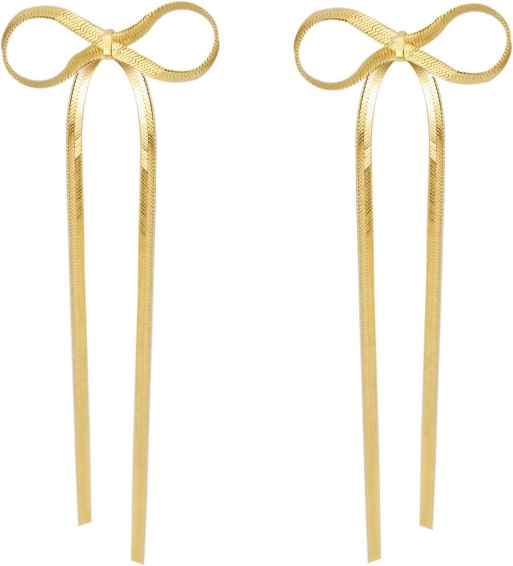 Earrings for Women Girls, 18K Gold Plated Bow Stud Earrings Dangle Drop Earrings Gold Earrings for Women Girls Trendy Aretes de Mujer Gold Jewelry Chritsmas Gifts for Her Teens - 我的商店我的商店我的商店