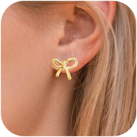 Earrings for Women Girls, 18K Gold Plated Bow Stud Earrings Dangle Drop Earrings Gold Earrings for Women Girls Trendy Aretes de Mujer Gold Jewelry Chritsmas Gifts for Her Teens - 我的商店我的商店我的商店