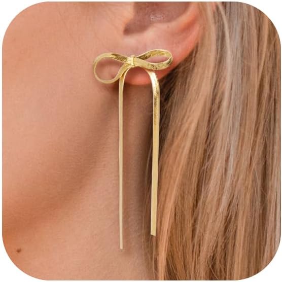 Earrings for Women Girls, 18K Gold Plated Bow Stud Earrings Dangle Drop Earrings Gold Earrings for Women Girls Trendy Aretes de Mujer Gold Jewelry Chritsmas Gifts for Her Teens - 我的商店我的商店我的商店