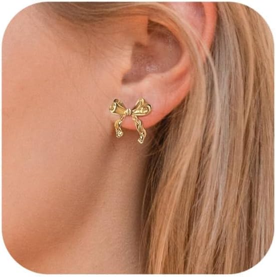 Earrings for Women Girls, 18K Gold Plated Bow Stud Earrings Dangle Drop Earrings Gold Earrings for Women Girls Trendy Aretes de Mujer Gold Jewelry Chritsmas Gifts for Her Teens - 我的商店我的商店我的商店