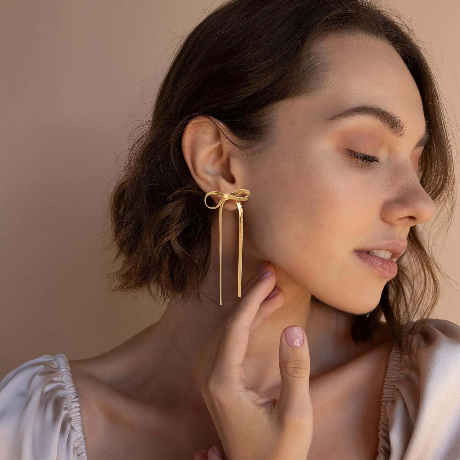 Earrings for Women Girls, 18K Gold Plated Bow Stud Earrings Dangle Drop Earrings Gold Earrings for Women Girls Trendy Aretes de Mujer Gold Jewelry Chritsmas Gifts for Her Teens - 我的商店我的商店我的商店