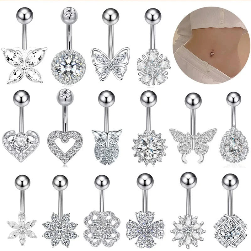 European and American fashion 1.6mm thick stainless steel rod double diamond heart - shaped head inlaid with zircon navel piercing jewelry - QIAO CrystalQIAO CrystalQIAO Crystal
