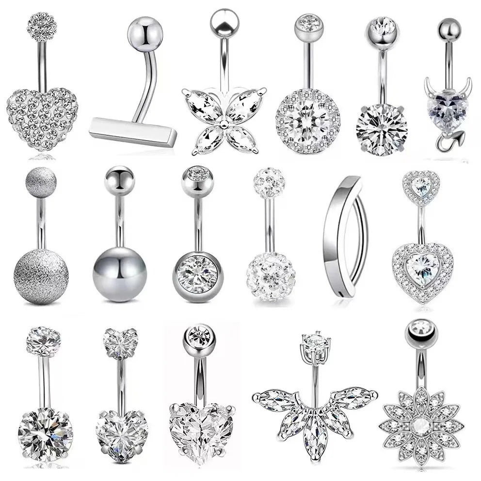 European and American fashion 1.6mm thick stainless steel rod double diamond heart - shaped head inlaid with zircon navel piercing jewelry - QIAO CrystalQIAO CrystalQIAO Crystal