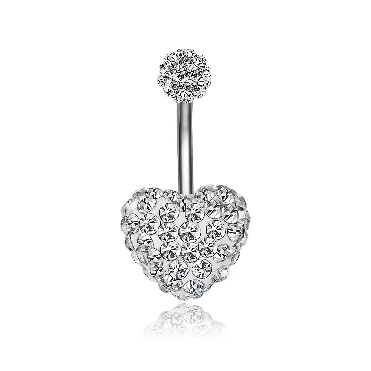 European and American fashion 1.6mm thick stainless steel rod double diamond heart - shaped head inlaid with zircon navel piercing jewelry - QIAO CrystalQIAO CrystalQIAO Crystal