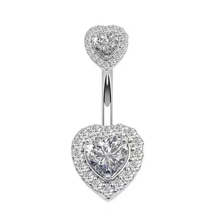 European and American fashion 1.6mm thick stainless steel rod double diamond heart - shaped head inlaid with zircon navel piercing jewelry - QIAO CrystalQIAO CrystalQIAO Crystal