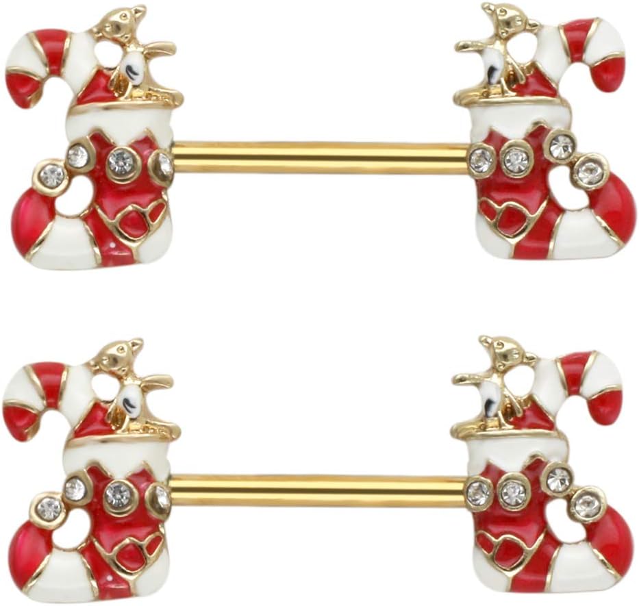 Excepro 14G Christmas Small Bell Round Nipple Ring 316L Surgical Stainless Steel Nipple Barbell - QIAO CrystalQIAO CrystalQIAO Crystal