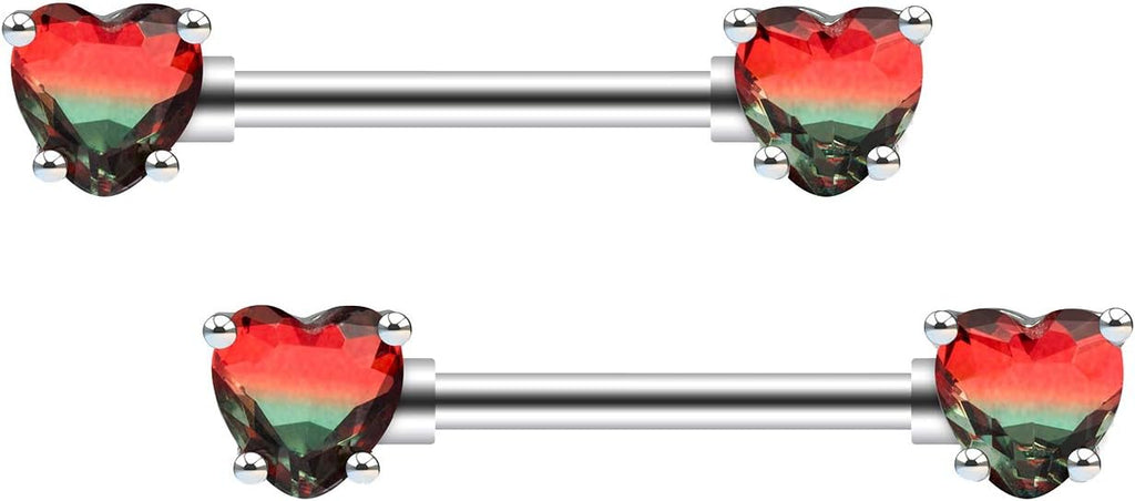 Excepro 2PCS Nipple Barbell 316L Surgical SS PVD Plated Multi - color Red Blue Rainbow Pink Purple CZ Heart shaped Nipple Piercing Shiny Sparkingly Nipple Rings - QIAO CrystalQIAO CrystalQIAO Crystal