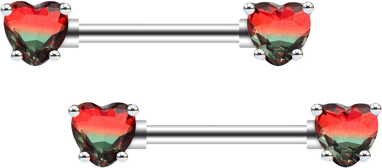 Excepro 2PCS Nipple Barbell 316L Surgical SS PVD Plated Multi - color Red Blue Rainbow Pink Purple CZ Heart shaped Nipple Piercing Shiny Sparkingly Nipple Rings - QIAO CrystalQIAO CrystalQIAO Crystal