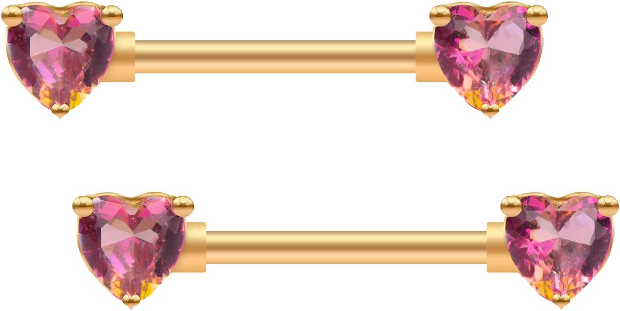 Excepro 2PCS Nipple Barbell 316L Surgical SS PVD Plated Multi - color Red Blue Rainbow Pink Purple CZ Heart shaped Nipple Piercing Shiny Sparkingly Nipple Rings - QIAO CrystalQIAO CrystalQIAO Crystal