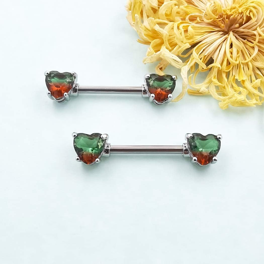 Excepro 2PCS Nipple Barbell 316L Surgical SS PVD Plated Multi - color Red Blue Rainbow Pink Purple CZ Heart shaped Nipple Piercing Shiny Sparkingly Nipple Rings - QIAO CrystalQIAO CrystalQIAO Crystal