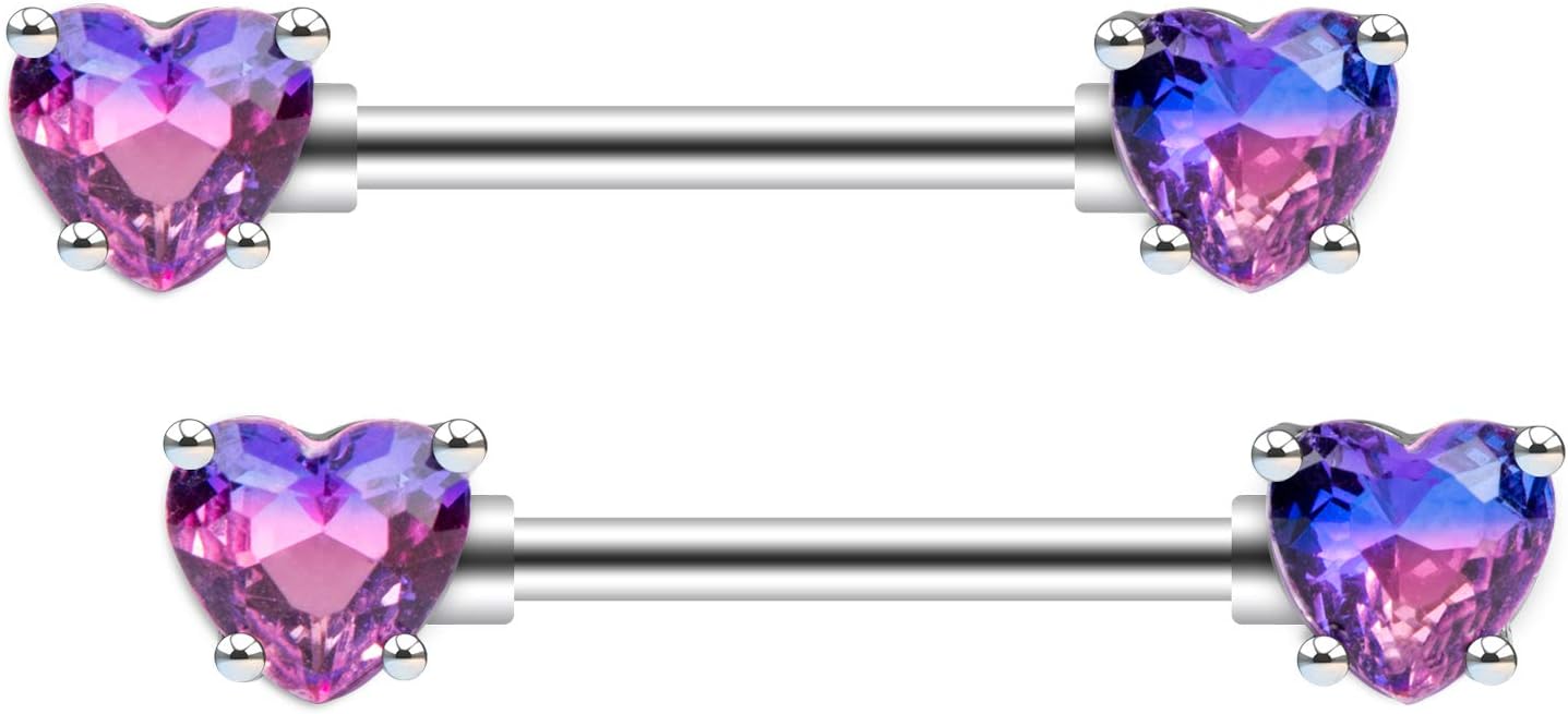 Excepro 2PCS Nipple Barbell 316L Surgical SS PVD Plated Multi - color Red Blue Rainbow Pink Purple CZ Heart shaped Nipple Piercing Shiny Sparkingly Nipple Rings - QIAO CrystalQIAO CrystalQIAO Crystal