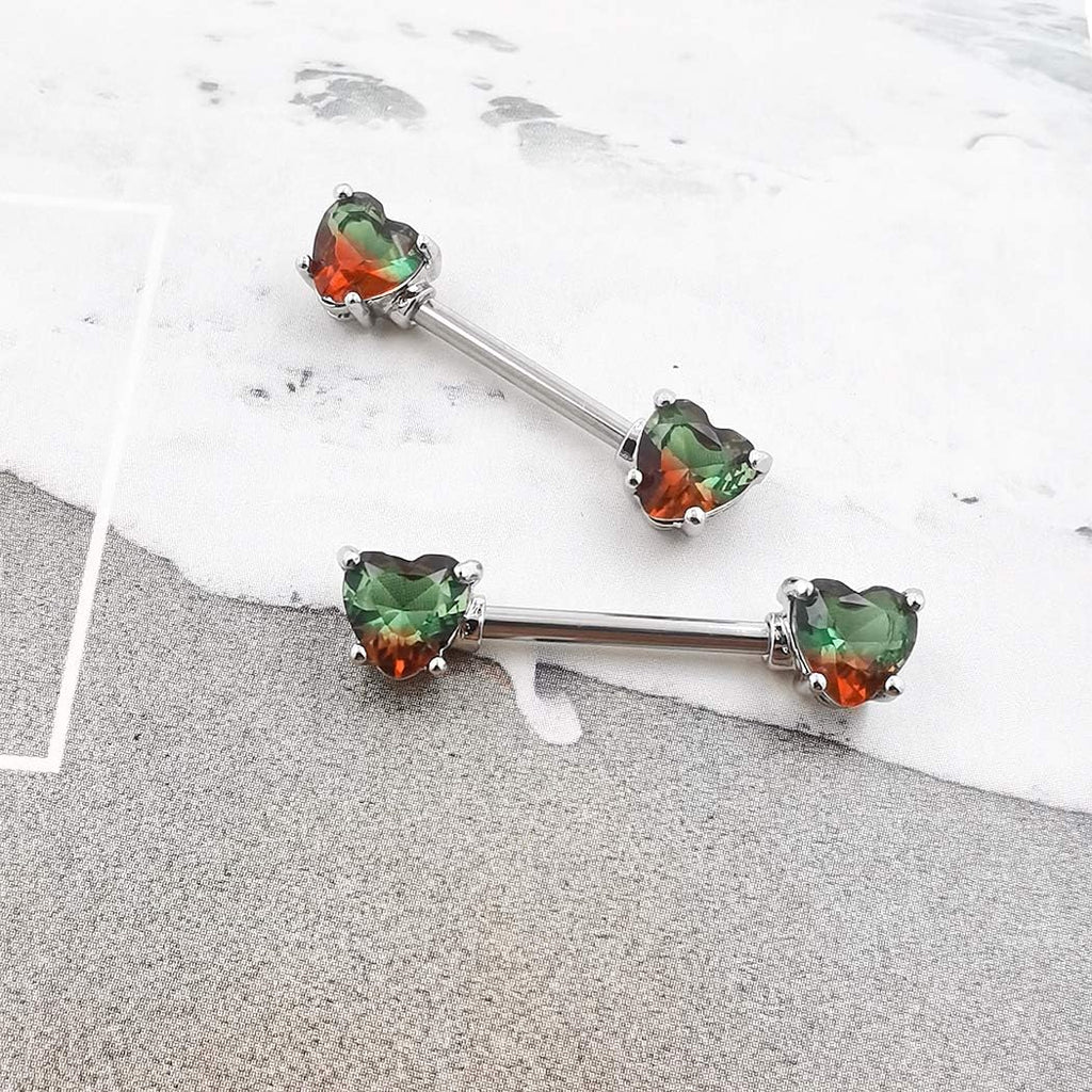 Excepro 2PCS Nipple Barbell 316L Surgical SS PVD Plated Multi - color Red Blue Rainbow Pink Purple CZ Heart shaped Nipple Piercing Shiny Sparkingly Nipple Rings - QIAO CrystalQIAO CrystalQIAO Crystal