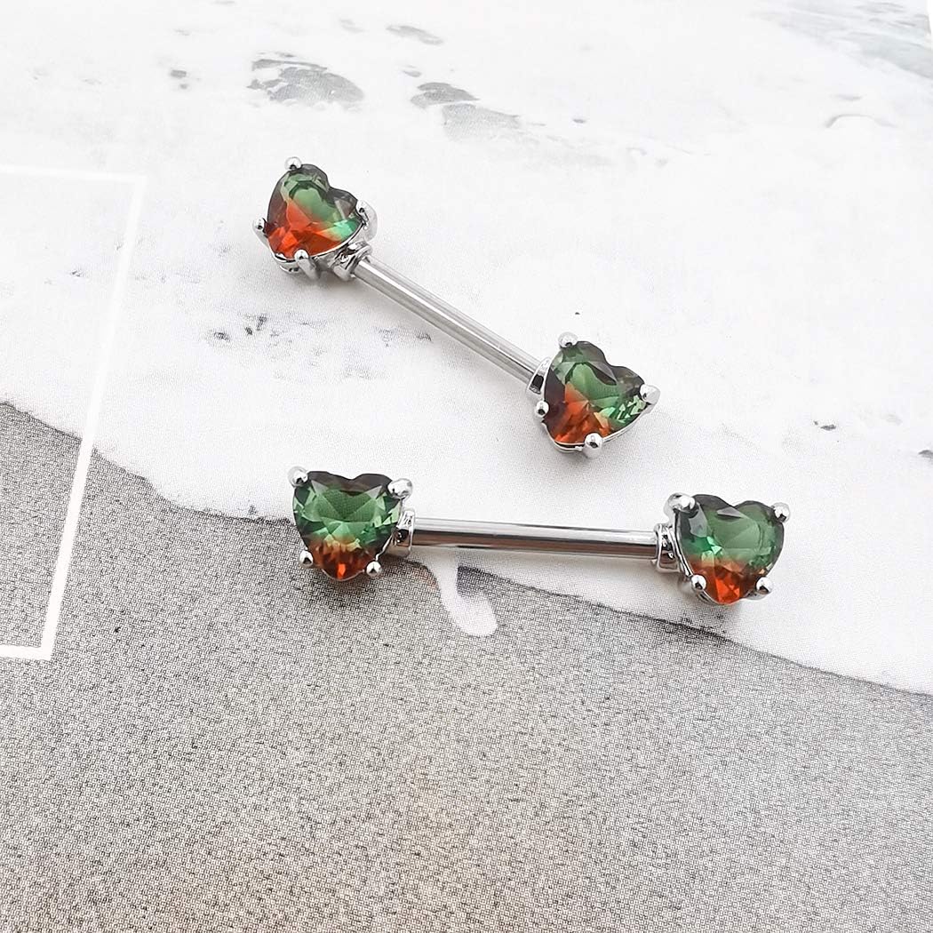 Excepro 2PCS Nipple Barbell 316L Surgical SS PVD Plated Multi - color Red Blue Rainbow Pink Purple CZ Heart shaped Nipple Piercing Shiny Sparkingly Nipple Rings - QIAO CrystalQIAO CrystalQIAO Crystal