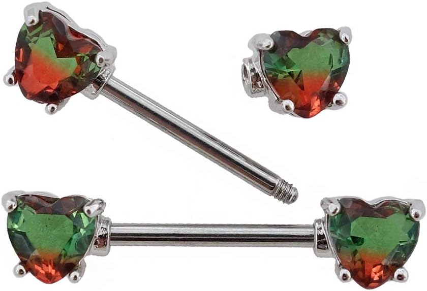 Excepro 2PCS Nipple Barbell 316L Surgical SS PVD Plated Multi - color Red Blue Rainbow Pink Purple CZ Heart shaped Nipple Piercing Shiny Sparkingly Nipple Rings - QIAO CrystalQIAO CrystalQIAO Crystal