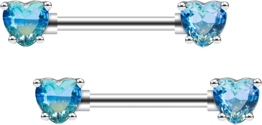Excepro 2PCS Nipple Barbell 316L Surgical SS PVD Plated Multi - color Red Blue Rainbow Pink Purple CZ Heart shaped Nipple Piercing Shiny Sparkingly Nipple Rings - QIAO CrystalQIAO CrystalQIAO Crystal