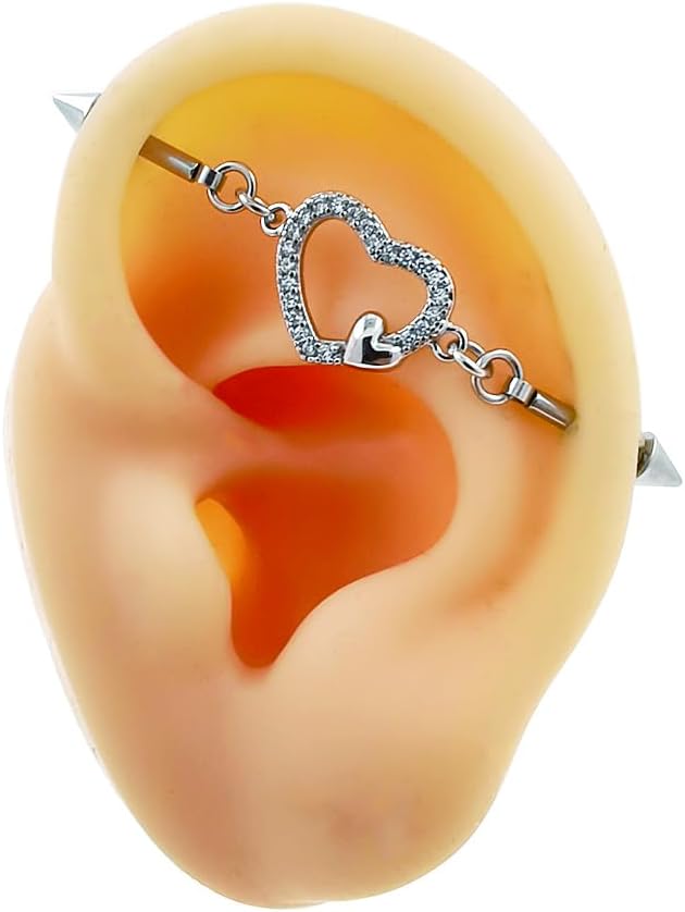 Excepro Heart Industril Piercing Jewelry Punk Chain Stainless Steel 14G Industril Barbell 1PC - QIAO CrystalQIAO CrystalQIAO Crystal