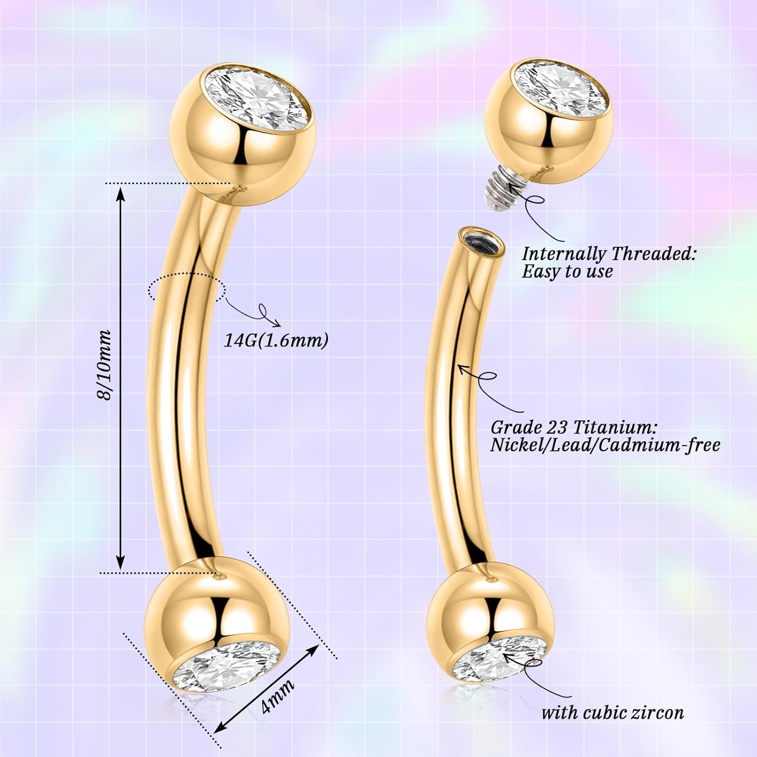 Eyebrow Piercing Jewelry Eyebrow Rings Curved Barbell 16G Eyebrow Belly Button Ring Navel Rings Rook Daith Earrings Lip Ring Eyebrow Jewelry 6mm - 12mm - QIAO CrystalQIAO CrystalQIAO Crystal