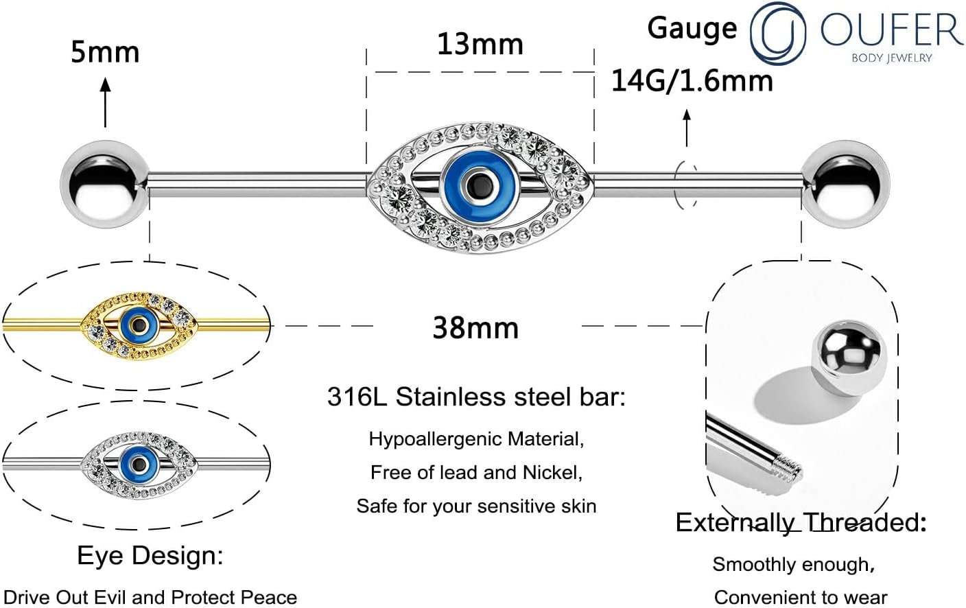Eyes Industrial Barbells Clear CZ Paved 14G Industrial Piercing Jewelry Cartilage Earrings - QIAO CrystalQIAO CrystalQIAO Crystal