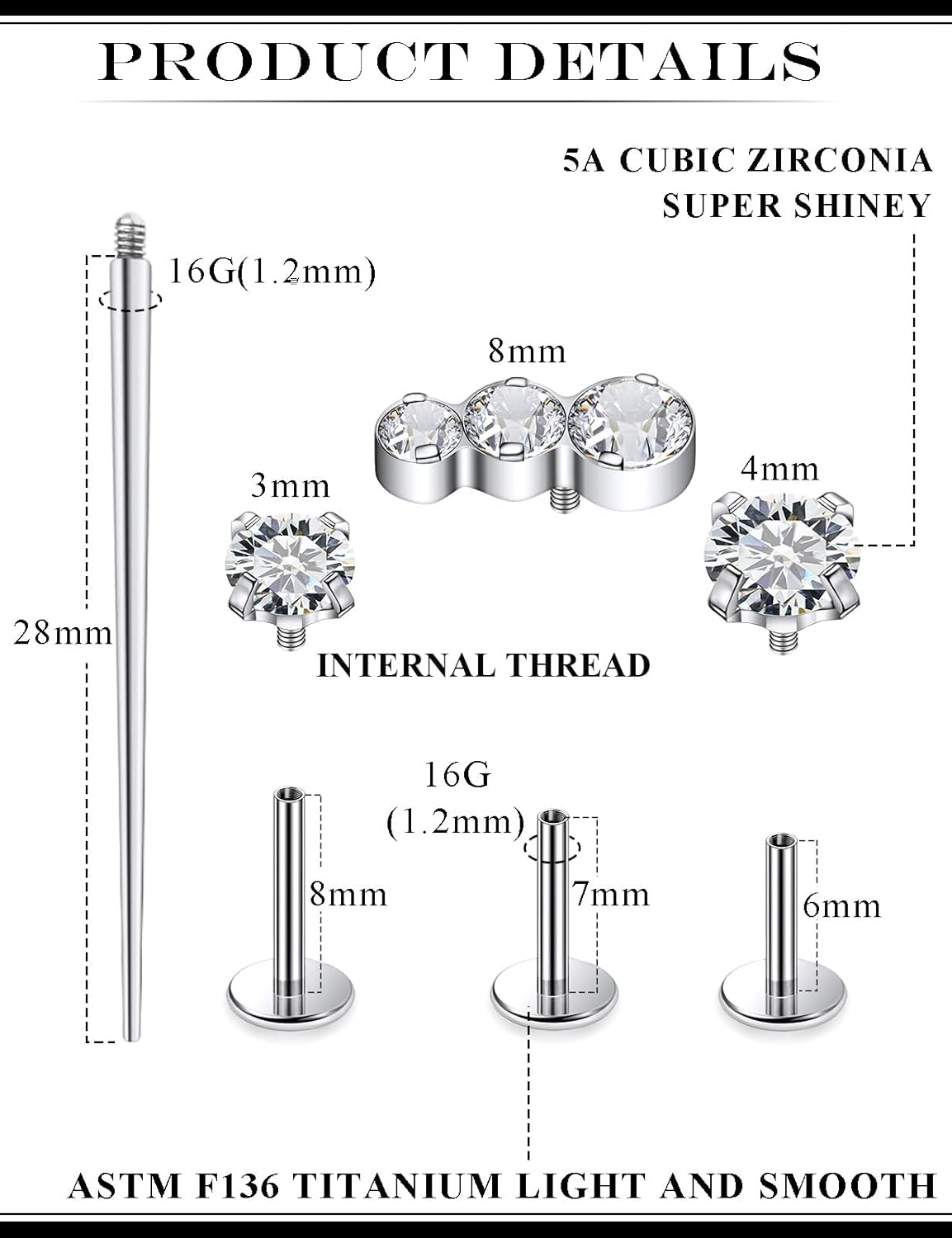 F136 Titanium Internal Thread Flat Back Earrings Nose Studs Tragus Forward Helix Conch - QIAO CrystalQIAO CrystalQIAO Crystal