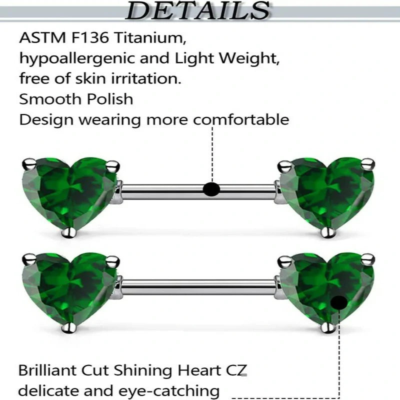 Titanium Multicolor Heart CZ 14g Nipple Barbell Rings Piercing Jewelry