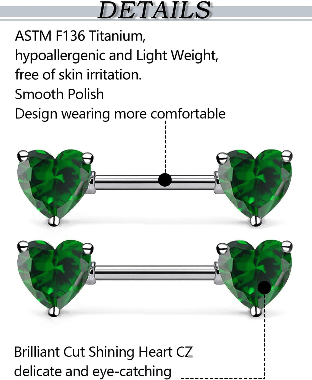 F136 Titanium Multicolor Heart CZ 14g Nipple Barbell Rings Piercing Jewelry Internally Threaded for Women Hypoallergenic - QIAO CrystalQIAO CrystalQIAO Crystal