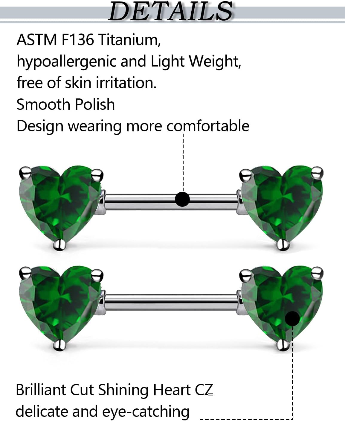 F136 Titanium Multicolor Heart CZ 14g Nipple Barbell Rings Piercing Jewelry Internally Threaded for Women Hypoallergenic - QIAO CrystalQIAO CrystalQIAO Crystal