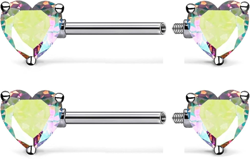 F136 Titanium Multicolor Heart CZ 14g Nipple Barbell Rings Piercing Jewelry Internally Threaded for Women Hypoallergenic - QIAO CrystalQIAO CrystalQIAO Crystal