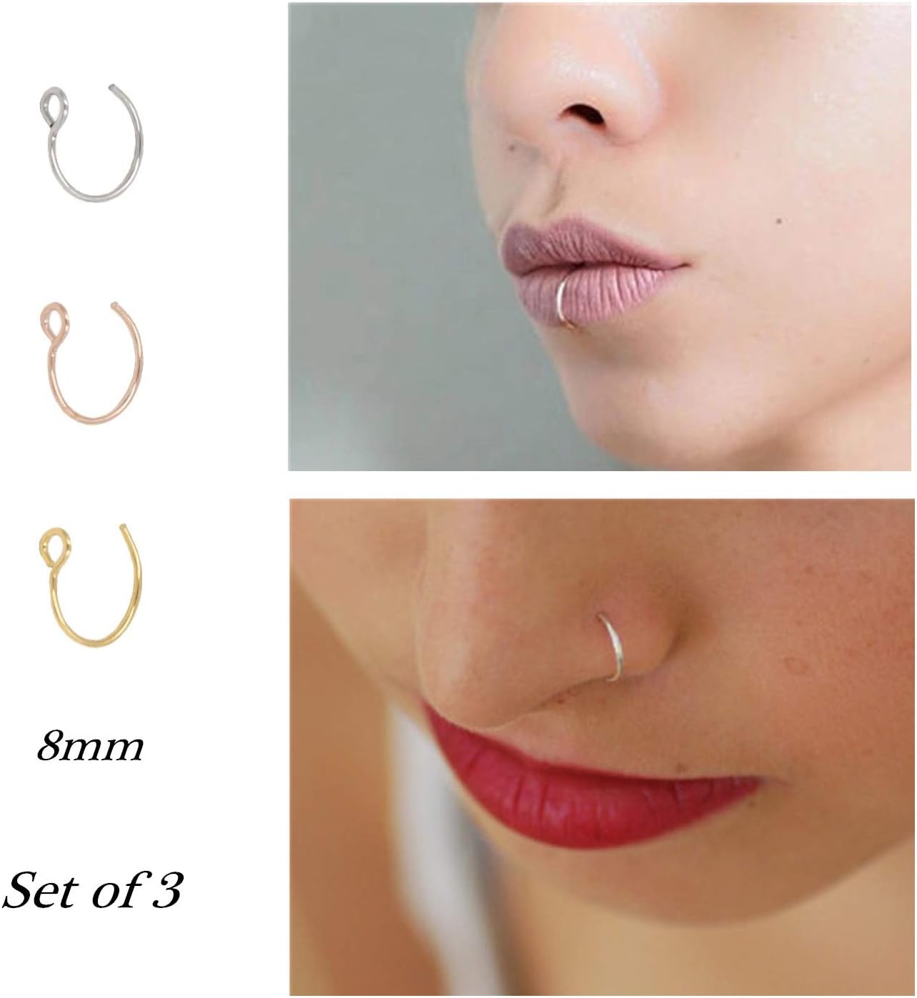 Fake Nose Ring Hoop Nose Rings Set Nose Piercing Lip Nose Rings Jewelry for Women Men Girl - QIAO CrystalQIAO CrystalQIAO Crystal