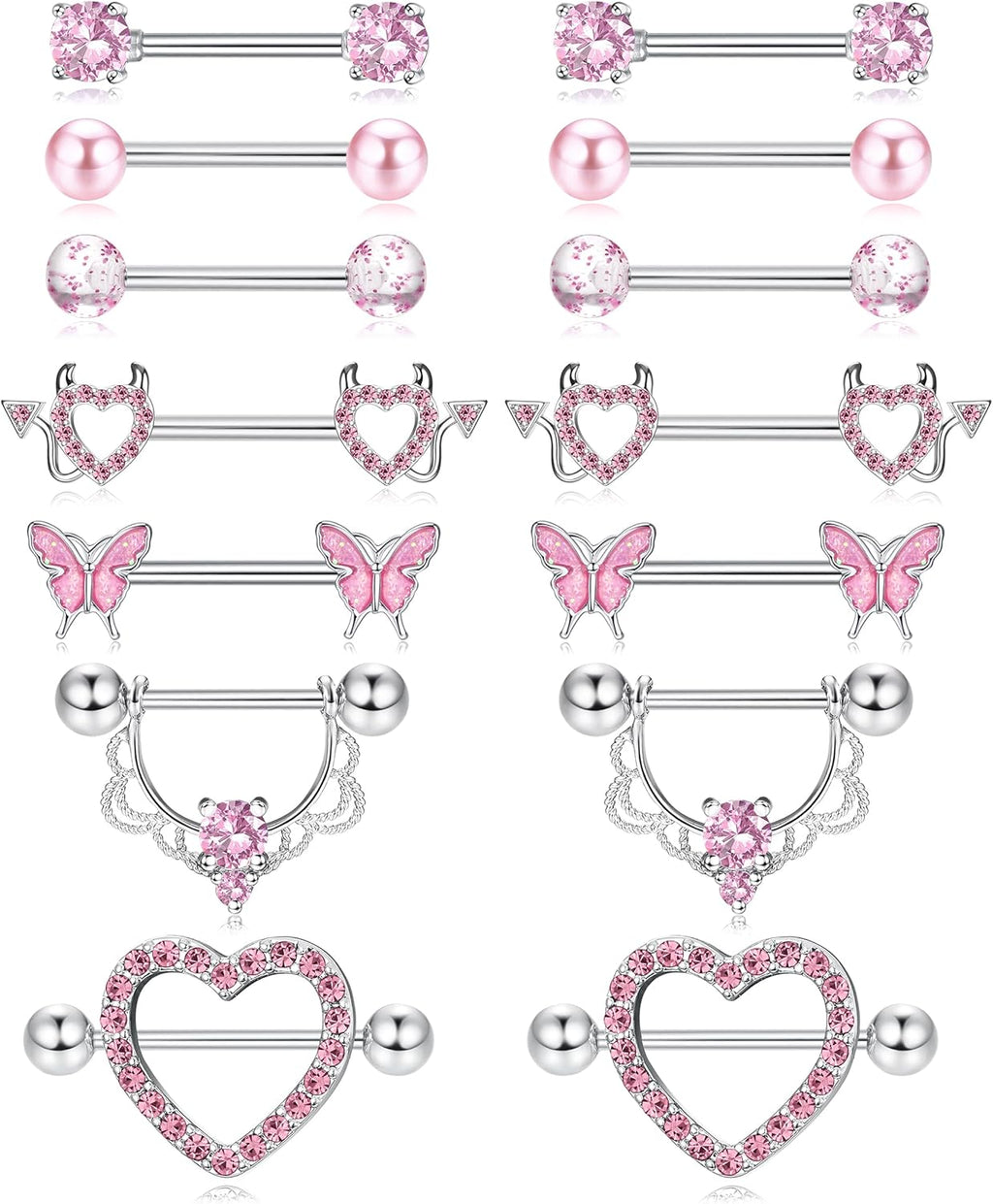 Fansilver 7 Pairs 14G Nipple Rings Surgical Steel Nipple Piercing CZ Heart Butterfly Barbell Tongue Rings Set Cute Nipple Tongue Piercing Jewelry for Women - QIAO CrystalQIAO CrystalQIAO Crystal
