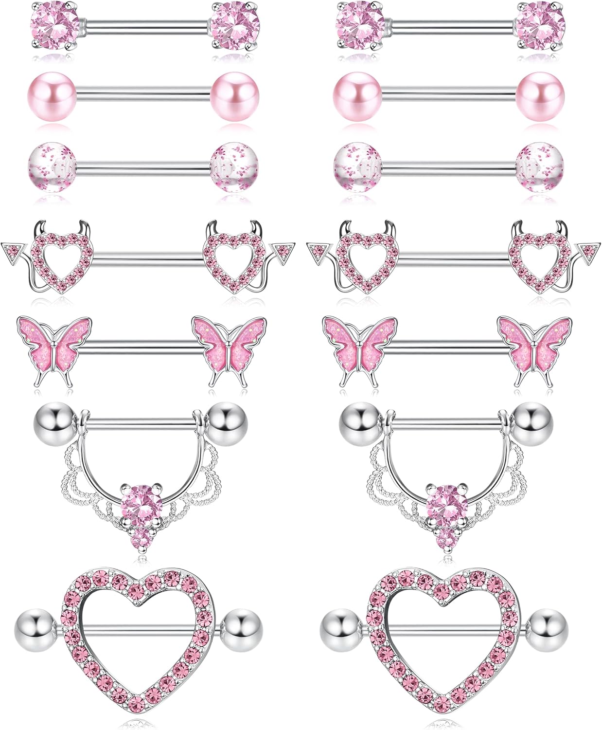 Fansilver 7 Pairs 14G Nipple Rings Surgical Steel Nipple Piercing CZ Heart Butterfly Barbell Tongue Rings Set Cute Nipple Tongue Piercing Jewelry for Women - QIAO CrystalQIAO CrystalQIAO Crystal