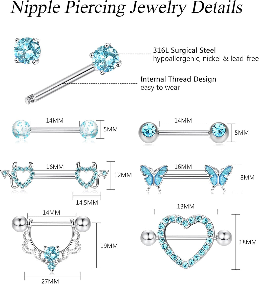 Fansilver 7 Pairs 14G Nipple Rings Surgical Steel Nipple Piercing CZ Heart Butterfly Barbell Tongue Rings Set Cute Nipple Tongue Piercing Jewelry for Women - QIAO CrystalQIAO CrystalQIAO Crystal