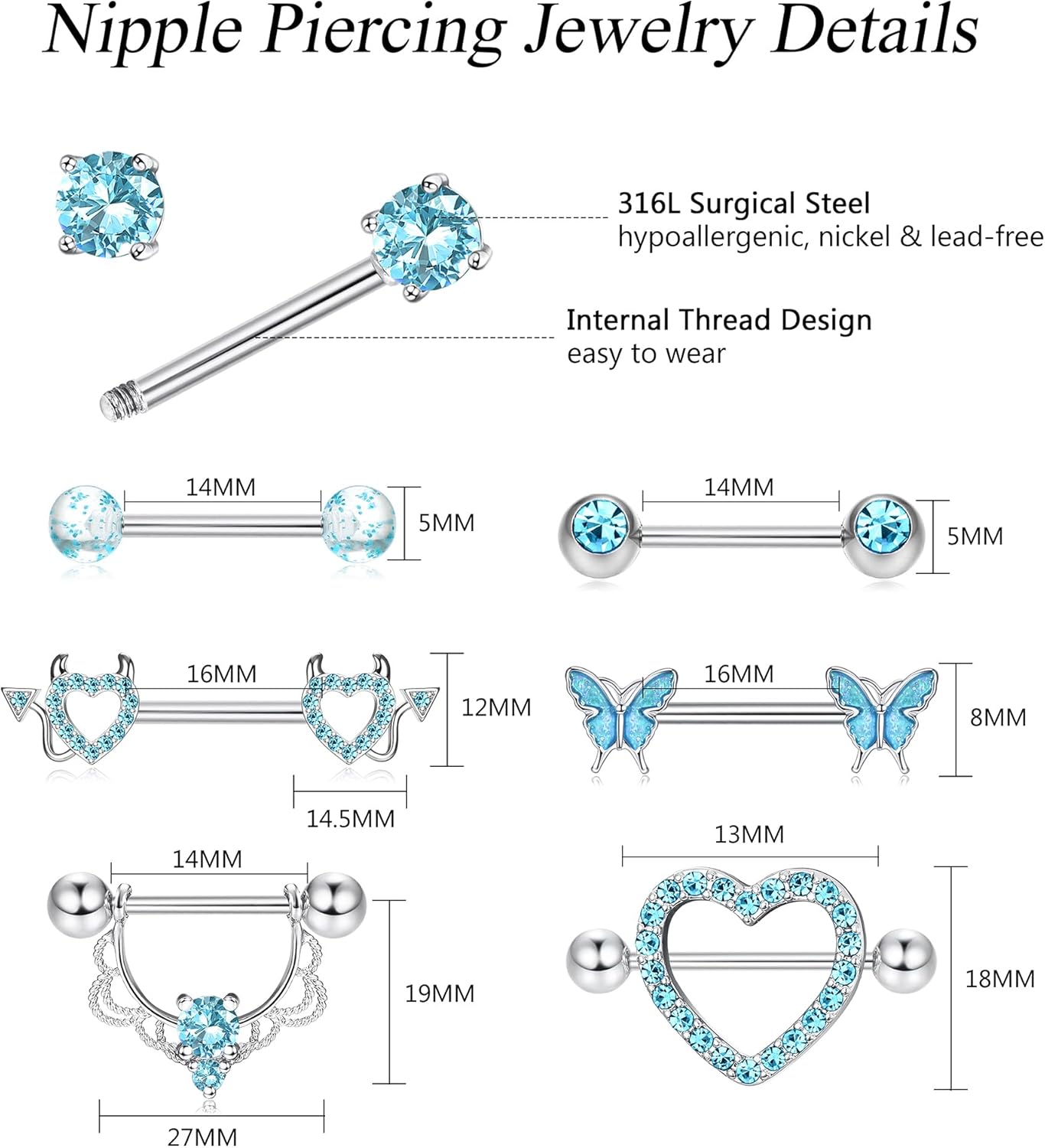 Fansilver 7 Pairs 14G Nipple Rings Surgical Steel Nipple Piercing CZ Heart Butterfly Barbell Tongue Rings Set Cute Nipple Tongue Piercing Jewelry for Women - QIAO CrystalQIAO CrystalQIAO Crystal