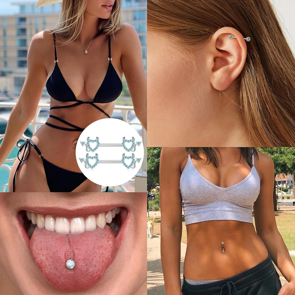 Fansilver 7 Pairs 14G Nipple Rings Surgical Steel Nipple Piercing CZ Heart Butterfly Barbell Tongue Rings Set Cute Nipple Tongue Piercing Jewelry for Women - QIAO CrystalQIAO CrystalQIAO Crystal