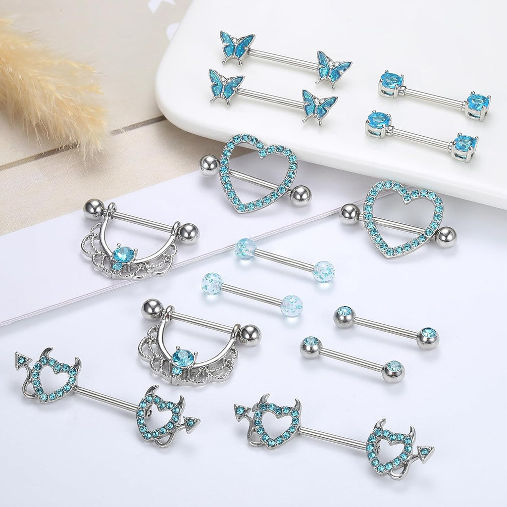 Fansilver 7 Pairs 14G Nipple Rings Surgical Steel Nipple Piercing CZ Heart Butterfly Barbell Tongue Rings Set Cute Nipple Tongue Piercing Jewelry for Women - QIAO CrystalQIAO CrystalQIAO Crystal