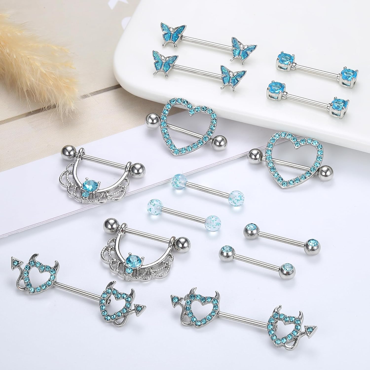 Fansilver 7 Pairs 14G Nipple Rings Surgical Steel Nipple Piercing CZ Heart Butterfly Barbell Tongue Rings Set Cute Nipple Tongue Piercing Jewelry for Women - QIAO CrystalQIAO CrystalQIAO Crystal