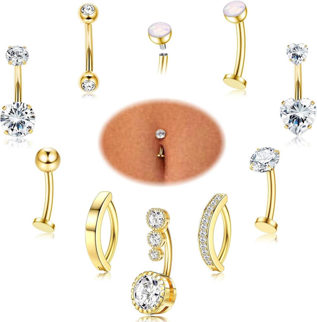 FIASASO 9 Pcs Belly Button Ring - Surgical Stainless Steel Floating CZ Heart Clicker Belly Piercings for Women Navel Belly Piercings Jewelry Pack - 我的商店我的商店我的商店