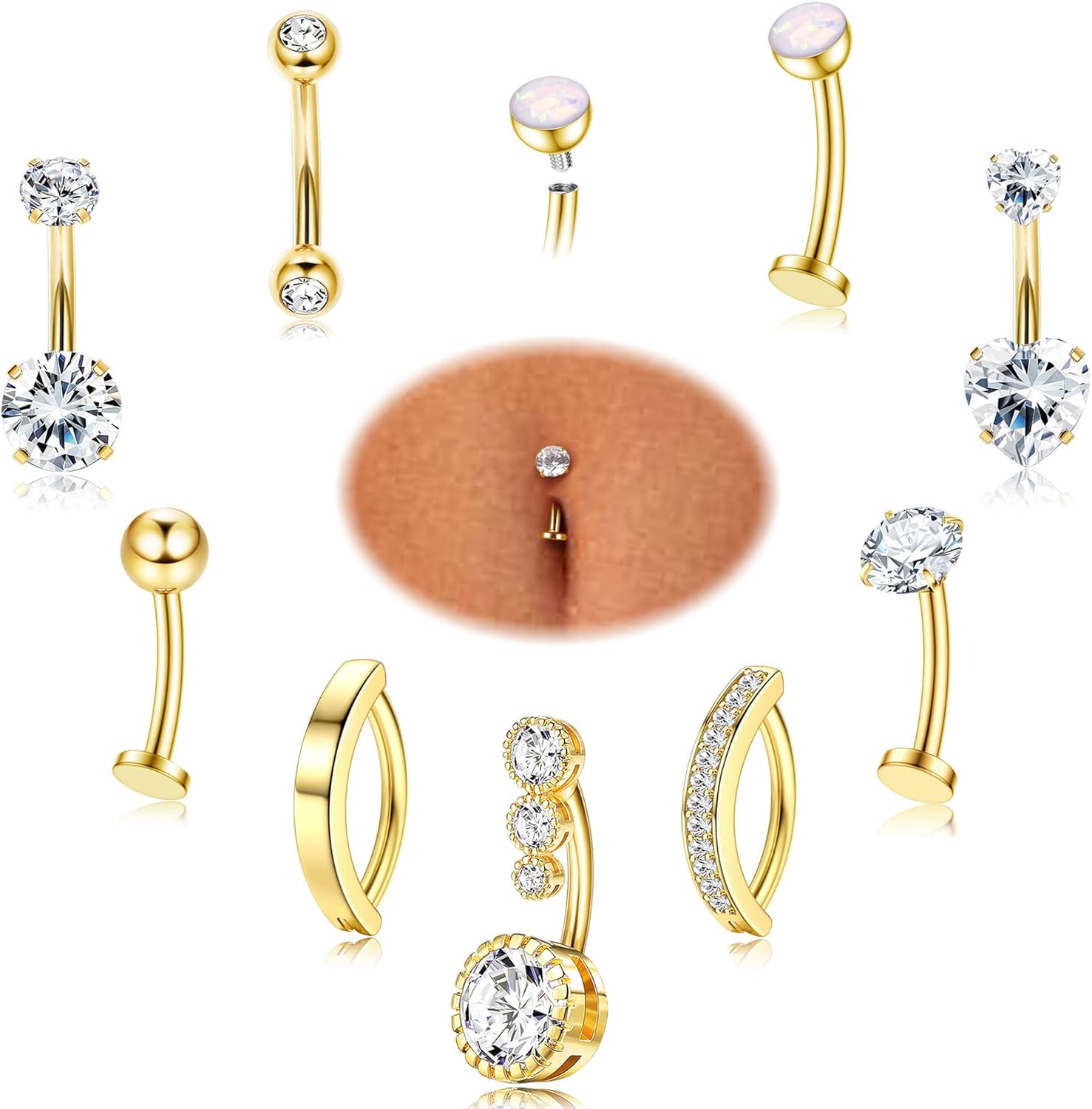 FIASASO 9 Pcs Belly Button Ring - Surgical Stainless Steel Floating CZ Heart Clicker Belly Piercings for Women Navel Belly Piercings Jewelry Pack - 我的商店我的商店我的商店