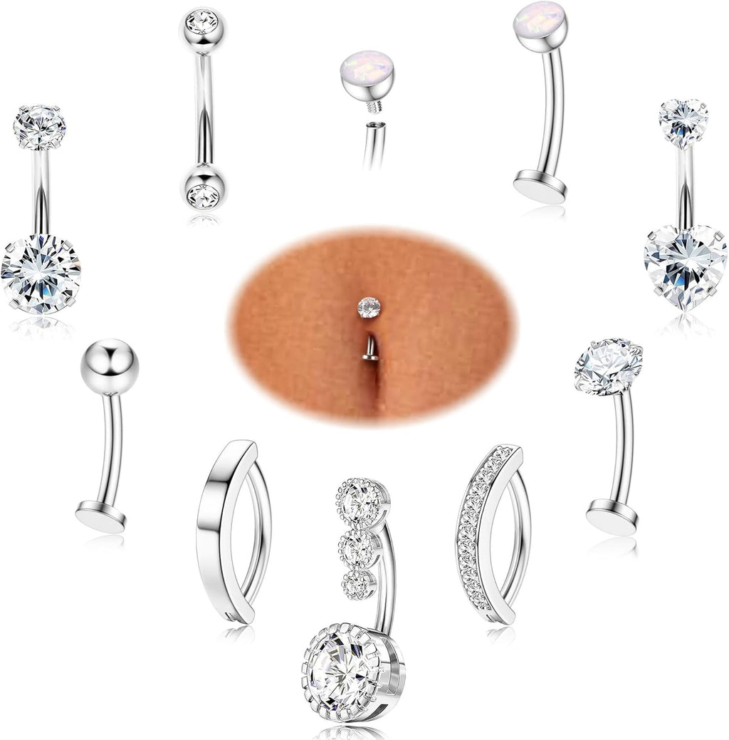 FIASASO 9 Pcs Belly Button Ring - Surgical Stainless Steel Floating CZ Heart Clicker Belly Piercings for Women Navel Belly Piercings Jewelry Pack - 我的商店我的商店我的商店