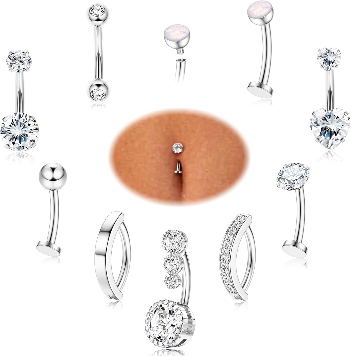 FIASASO 9 Pcs Belly Button Ring - Surgical Stainless Steel Floating CZ Heart Clicker Belly Piercings for Women Navel Belly Piercings Jewelry Pack - 我的商店我的商店我的商店
