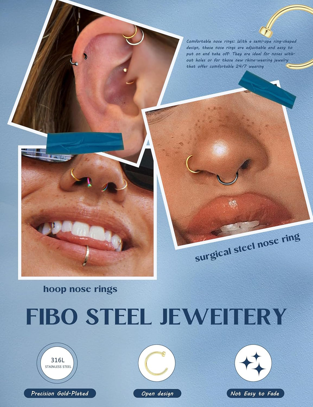 FIBO STEEL 18G - 22G 5PCS Stainless Steel Body Jewelry Piercing Nose Ring Hoop for Women - QIAO CrystalQIAO CrystalQIAO Crystal