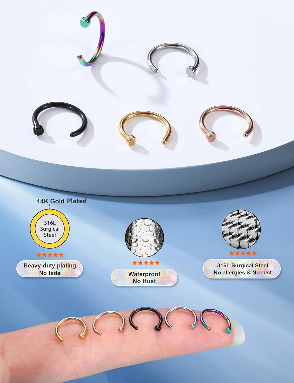 FIBO STEEL 18G - 22G 5PCS Stainless Steel Body Jewelry Piercing Nose Ring Hoop for Women - QIAO CrystalQIAO CrystalQIAO Crystal