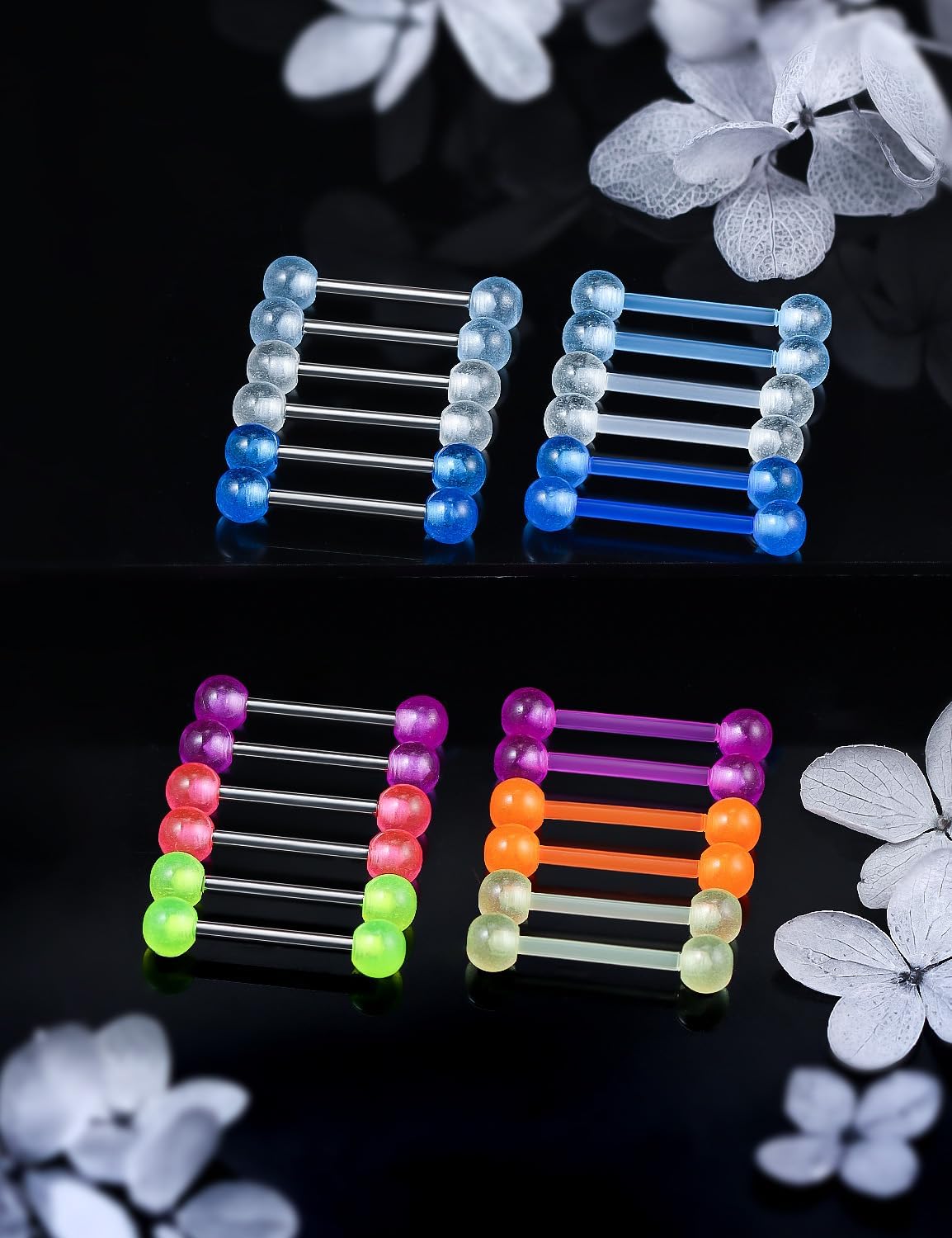 Flexible Bioplast Glow in The Dark 14G 14/16mm Bars Nipple Bridge Tongue Rings Piercing Barbell Jewelry Hypoallergenic for Women Set - QIAO CrystalQIAO CrystalQIAO Crystal